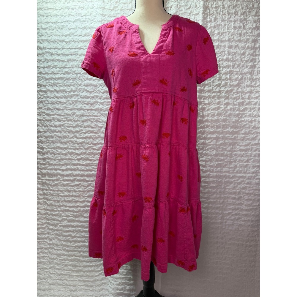 Maeve Anthropologie Pink Red Crab Embroidered Tiered Mini Beach Dress Womens M